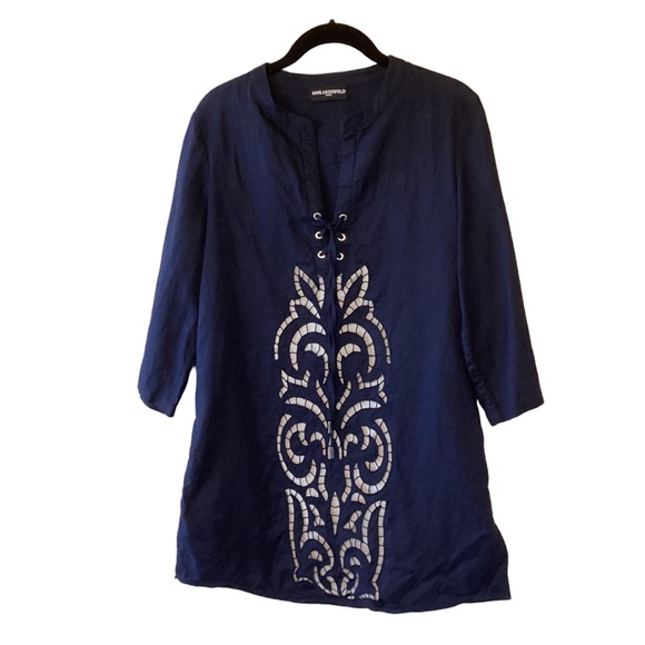 Karl Lagerfeld Dresses & Skirts - KARL LAGERFELD PARIS SAMPLE Linen Lace-Up Mini Dress W/Cut-Out Detailing Blue M